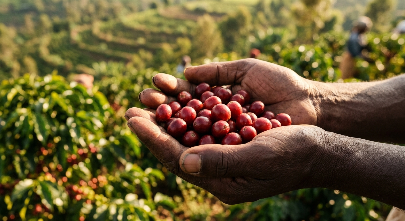 Ethiopian farmer hands cradling coffee cherries
